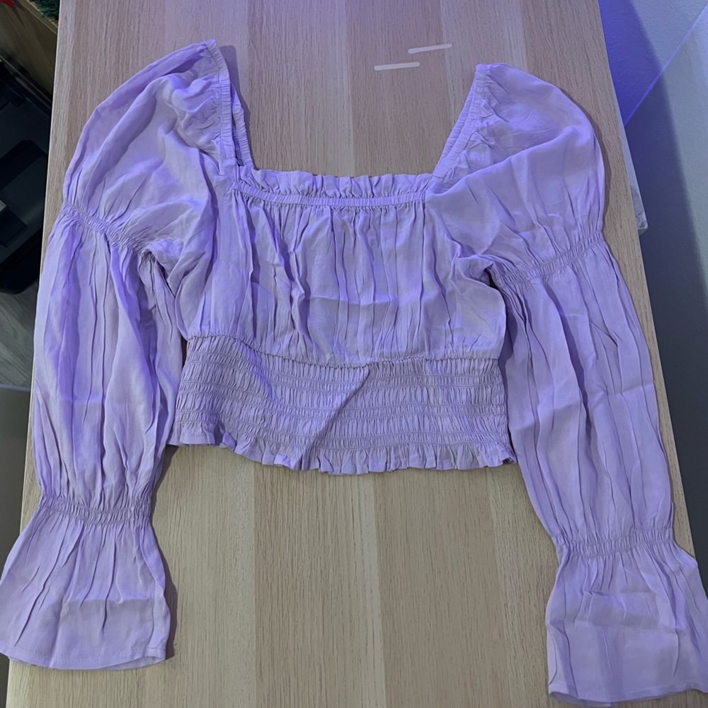 OPEN EDIT Flare Sleeve Smocked Pleasant Blouse Purple